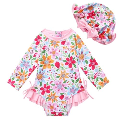 AMAWMW Infant Baby Girl Swimsuit Long Sleeve One-Piece Swimwear with Hat Rash Guard Floral Zipper Bathing Suit Beach Wear
