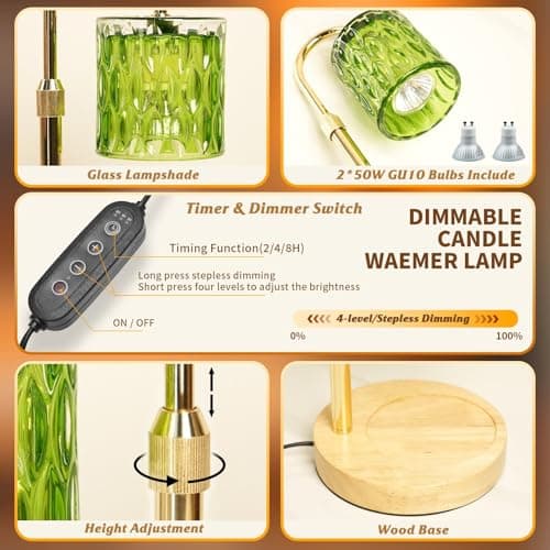 HAIDOLIANG Candle Warmer Lamp with Timer and Dimmable, Electric Wax Melt Warmers Height Adjustable with 2 Bulbs, Gifts for Women Mom House Warming, Modern Home Decor for Scented Jar Candles Green - Thumbnail 3