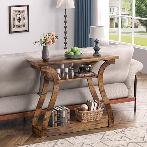 UODERS Wooden Console Table with Curved Legs and Shelf, 3-Tier Modern Accent Narrow Sofa Table for Entrance Area, Living Room, Hallway, 47 in Wide Wood Console Table for Entryway (Retro) - Thumbnail 4