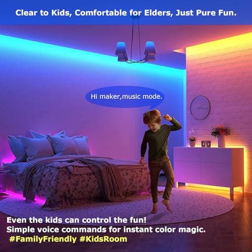 AI Voice Activated Under Bed Lights Strip,Indoor Kids Bedroom Night Lights RGBW, No App/Wifi Required, Dimmable Color Changing Strong Adhesive, Music Sync USB Powered 16.4ft for Kitchen Cabinet - Thumbnail 2