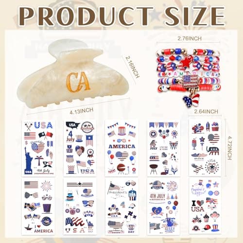 GIRLOLIIAR 4th of July Accessories for Women, Red White and Blue Outfit Bundle with Patriotic Hair Claw Clip, America Bracelets & USA Tattoos for 250th Anniversary Party Favors, Memorial Day Decor, CA - Thumbnail 2