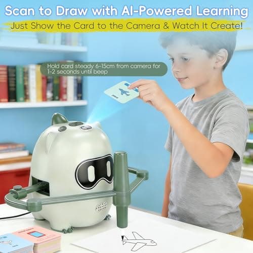 Drawing Robot for Kids with 200 Cards, Rechargeable 4-in-1 Draw/Learn/Spell/Music Interactive Educational Robot Drawing Machine Doodle Bot with 12 Color Pens for 3-8 Year Old Boys Girls Present - Thumbnail 2