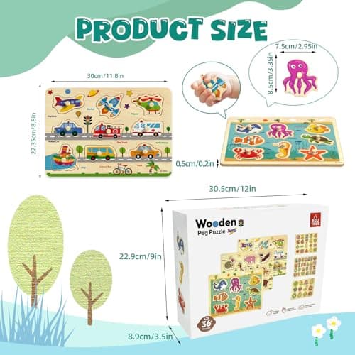 edutree Wooden Peg Puzzles for Toddlers 2-4, 6 Pack Educational Peg Puzzles Montessori Toys, Learning Puzzles for Kids Girs Boys 1-3 3-5 with Alphabet Number Animal Vehicle Shape - Thumbnail 4