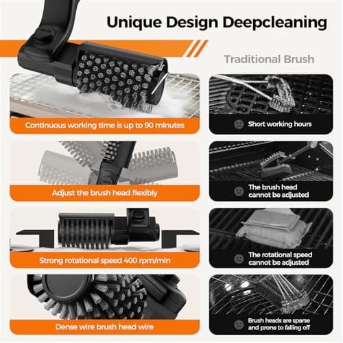 YKYI Electric Grill Brush - Cordless Rechargeable BBQ Cleaner with 180° Adjustable Head, 2600mah High-Torque Power Rotary BBQ Scrubber for Outdoor Stainless Steel Cast Iron Grates (Black) - Thumbnail 6