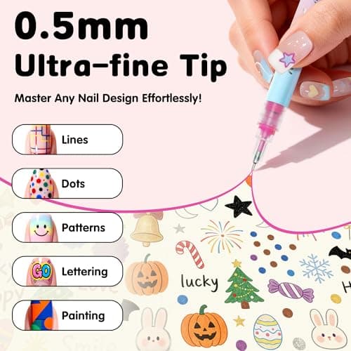 12 Colors Nail Art Pens Set, 0.5mm Ultra-Fine Tip Nail Polish Pens for Drawing Dotting Painting Liner, Quick Dry Non-Toxic Nail Art Markers for DIY Nail Art Crafts, Home, and Salon Use - Thumbnail 3