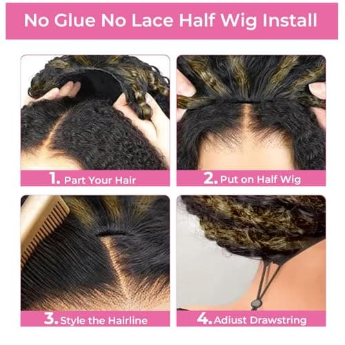 Kinky Curly Half Wig Human Hair Drawstring Balayage Highlight Ombre No Lace Glueless Wear Go Wig Drawstring Invisible Hairline Beginner Friendly For Women Flip Over Clip In 250% Density 18Inch - Thumbnail 3