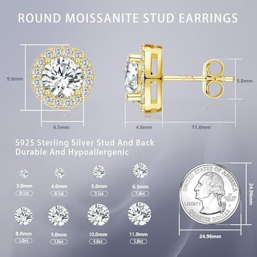 Lyniuoy Moissanite Stud Earrings For Women Men Cubic Zirconia Halo Sparkle Earring 14K Gold Plated 925 Sterling Silver Hypoallergenic Stud Gifts For Women Wife Girlfriend 6.5mm 1.0ct X2 - Thumbnail 4