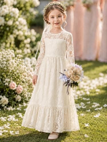 ALLOVIN Toddler & Girls Long Sleeve Lace Flower Girl Dress Maxi Boho A-Line Dress for Wedding Baptism 1st Communion | Ivory | 6-7Y - Thumbnail 3