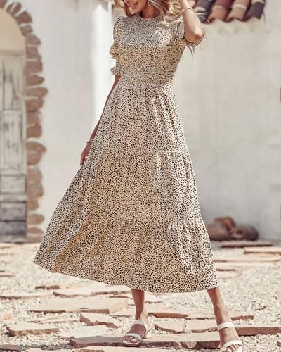 BTFBM Women Casual Summer Dresses 2026 Spring Crew Neck Ruffle Short Sleeve Smocked Floral Boho Flowy Maxi Dress Clothes(Dot Apricot Coffee, Large) - Thumbnail 2