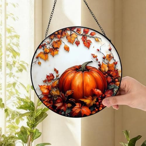 Zizzie Stained Glass Pumpkin Suncatcher - 7.9" Real Glass Fall Maple Leaves Window Hanging, Weatherproof Autumn Farmhouse Decor, Thanksgiving Harvest Gift for Women Mom - Thumbnail 4