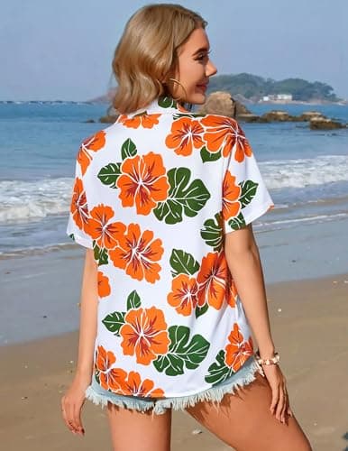LILYCHIC Womens Floral Hawaiian Shirts Tropical Button Down Short Sleeve Summer Beach Tops Vacation Outfits - Thumbnail 3