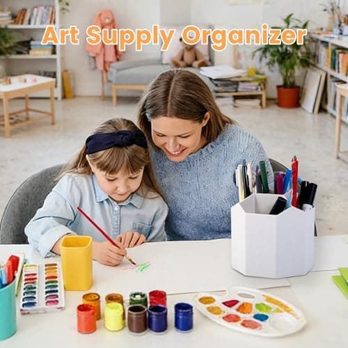 bibiage Pencil Pen Holder, 360° Rotating Pen Holder, Desk Organizer with 5 Slots, Desktop Stationery Storage for Office, School & Home, Art Supplies Desktop Decor, White - Thumbnail 4