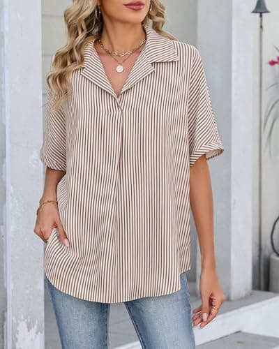 IEEILULU Women Striped Collared Shirt Casual Short Sleeve V Neck Blouse Tops Loose Fit Business Work Dressy Shirts Brown Striped S - Thumbnail 2