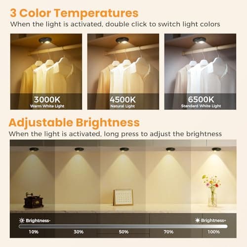 Motion Sensor Puck Lights 4 Pack, USB-C Rechargeable Under Cabinet Lights, 3 Color Temperatures Dimmable Magnetic Closet Lighting, Wireless LED Lights for Kitchen, Pantry, Shelf, Drawer, Hallway - Thumbnail 3