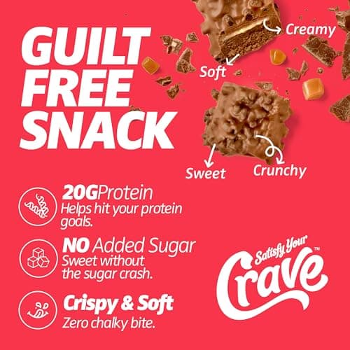 Satisfy Your Crave Protein Bars– High Protein Delicious Snacks– 20g of Protein, No Added Sugar– Chocolate Caramel Crisp– Perfect for Breakfast, On-the-Go Snack, Pantry Staple & Office Treat– Non-GMO, 12 Pack - Thumbnail 4