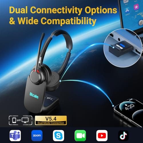 Blucalm Wireless Headset with Mic for Work, Noise Cancelling Wireless Headphones for Work from Home，Office，WFH, Teams, Zoom，Computer. Headset with Charge Stand & 2.4 G USB Dongle. - Thumbnail 5