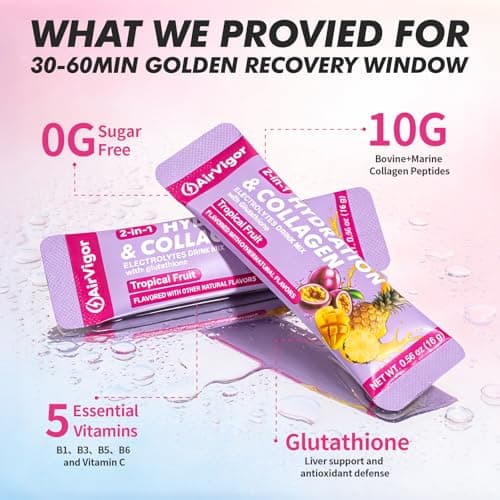 AirVigor Electrolyte Powder Packets, 10G Collagen Hydration Packets, Sugar Free Daily Electrolyte Hydration Recocery Drink Mix with 5 Vitamins & Glutathione, Joint Skin Muscle Support, Keto, Tropical - Thumbnail 4
