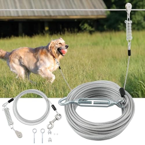 LUFFWELL 200FT Dog Runner for Yard with 10FT Tie Out Cable - Heavy Duty Trolley System for Large Dogs Up to 250LBS, Backyard/Park/Camping Use (Silver, 200FT+10FT)
