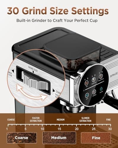 Spacekey Espresso Machine with Grinder - 20 Bar All-in-One Coffee Maker with Milk Steam Wand/Frother, Cold Brew, 30 Grind Settings, 60oz Removable Tank - Home Barista Kit for Lattes, Cappuccinos - Thumbnail 2