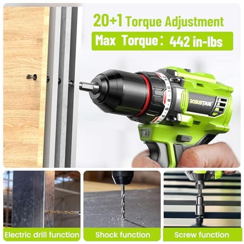 Robustrue 21V Cordless Drill & Impact Driver Combo Kit, 3/8" Drill & 1/4" Impact Driver, 2×2000mAh Batteries, Fast Charger, 16-Piece Bit Set for DIY Projects, Furniture Assembly & Home Repairs - Thumbnail 6