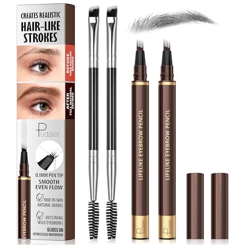 2 Pack 4-Tip Microblading Eyebrow Pen with 2 Brow Brushes, Waterproof Vegan Formula Eyebrow Pencils for Women to Effortlessly Create Natural Hair-Like Strokes, All-Day Wear (Black Grey) - Image 1