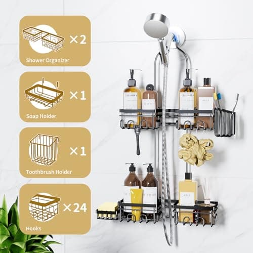 KEGII Shower Caddy Hanging for Handheld Showerheads, Rustproof Hanging Shower Organizer with Soap Dish, Toothbrush Holder and Hooks, Over Showerhead Caddy for Bathroom - Thumbnail 4