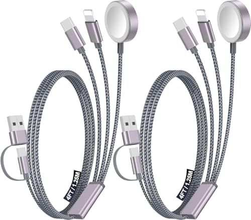 2Pack Multi Charging Cable Cord for Travel Essentials,Apple Watch Charger,iPhone Charger,[3-in-2] Type C/L Cable Portable Designed for iWatch,iPhone 17-8,Galaxy S26-21,Xbox Series X&S,iPad-4FT - Image 1