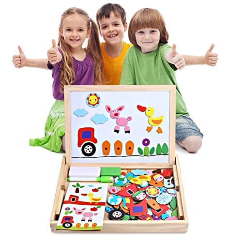 Wooden Toy Magnetic Board Puzzle Games , Double Side Jigsaw &Drawing Sketchpad Writing Dry Erase Board Chalkboard Educational Toys for Kids - Thumbnail 2