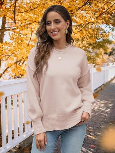Sweaters for Women Early Fall Fashion Must Haves Winter Clothing Outfits 2025 Trendy Long Sleeve Tops for Women Fall Clothes Oversized Sweater Sweatshirts Loose Fit Dressy Tunics Old Money Apricot L - Thumbnail 3