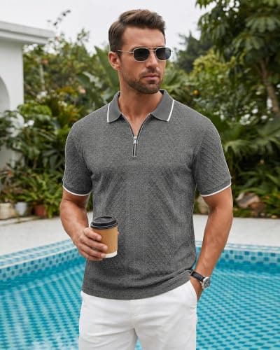 TRFIC Mens Polo Shirts Short Sleeve Casual Polo Shirt Vintage Golf T Shirts Old Money Tops Dark Gray - Thumbnail 2