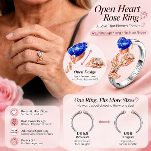 1CT Rose Heart Adjustable Ring 6.5~8 Sapphire Ring Sapphire VVS1 D Clarity 18K White/Rose Gold Gift for Wife Mother Daughter Birthday Wedding Engagement Christmas Anniversary Mothers Day Gift for Mom Bride - Thumbnail 5