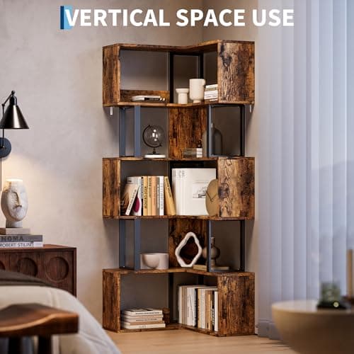 Doppeltcharms L-Shaped Corner Bookshelf with 6 Tiers – 62.6'' Tall Freestanding Metal & Wood Storage Rack with Dividers, Modern Display Shelf for Living Room, Home Office, Sunset - Thumbnail 5
