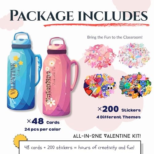 Poatel Valentines Day Cards for Kids School, 48 Kids Valentine Cards with 200 PCS Stickers, Fun Valentines Classroom Exchange for School, Valentines Party Favors - Thumbnail 2