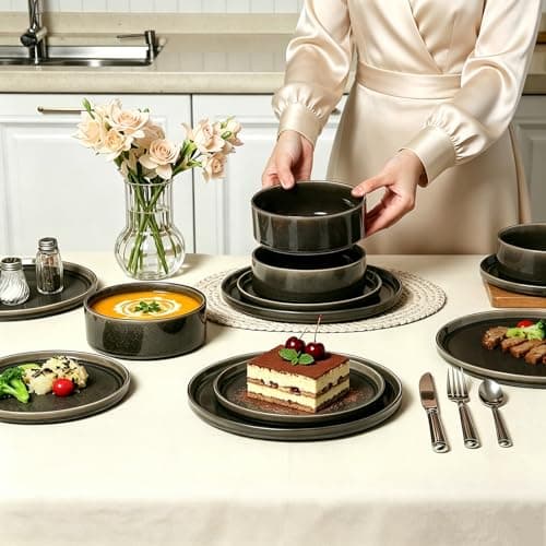 ALOFMO Dinnerware Sets for 4, ceramics Plates and Bowls Set, 12-Piece Modern Stoneware Dinnerware – Chip Resistant, Non-Toxic, Dishwasher and Microwave Safe Tableware, Black - Thumbnail 5
