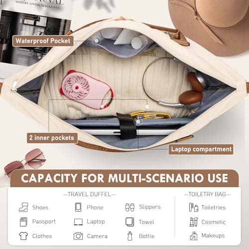 WOOMADA Weekender Overnight Bag for Women, Shoulder Travel Duffel with Shoes Compartment,Gym Bag with Toiletry Bag Large Size(beige&brown) - Thumbnail 4