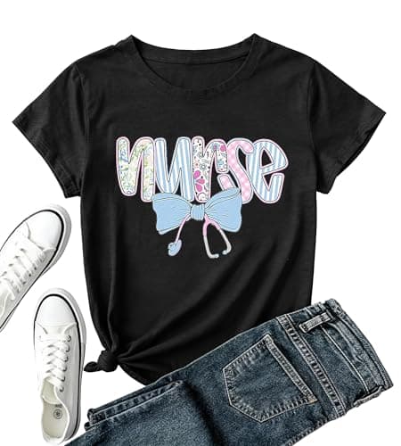 Nurse Shirt Women School Nurseing Tshirt-Bow Stethoscope Teet Ops Vintage Floral Nurse Tee B-Black - Image 1