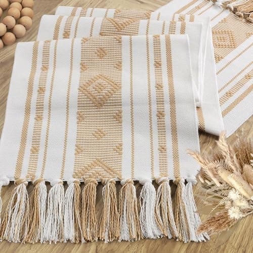 yuboo Boho Table Runner 72 Inches Long, Cream Woven Jacquard Table Runner with Tassels, Neutral Farmhouse Rustic Dresser Runner Decor for Dining Room, Bridal Shower (Geometric Moroccan) - Thumbnail 3