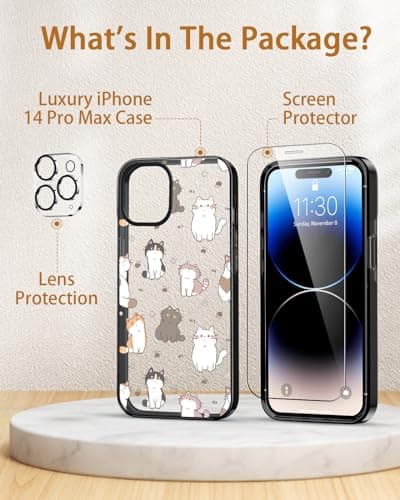 Sholbrak [3 in 1 Designed for iPhone 14 Pro Max Case Cute Cat Pattern Protective Phone Case Cover 6.7" Screen Protector + Camera Lens Protector【2X Military Grade Drop Tested / 6.6ft Drop Protection】 - Thumbnail 6