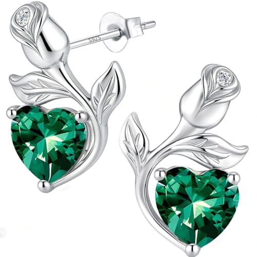 JACUPO 0.8CT Rose Heart Earrings Option of Sapphire Moissanite Stud Earrings Lab-Grown Earrings Birthstone Earrings for Women S925 Sterling Silver Post D Color VVS1 Clarity Ideal Gift for Wife Mother for Birthday Anniversary Valentine's Day Conveying I Love You Message (May Emerald Silver) - Image 1