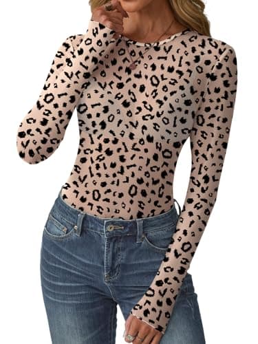 GKBK Womens Mesh Long Sleeve Tops Crew Neck Sexy See Through Tee Dressy Casual Shirts Party Club Night Lace Blouse Western Wear Outfit Clothes Going Out Clothing Leopard Print M - Thumbnail 2