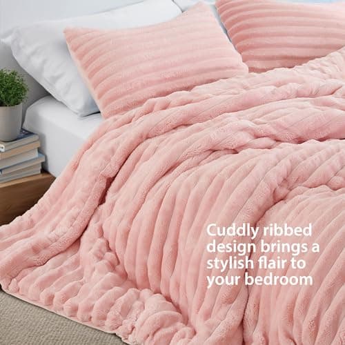 Regency Heights Cuddly Ribbed Fluffy Comforter Set Twin Size, Super-Soft Plush Fleece Bedding Set, Warm Fuzzy Comforter with Matching Sham, All-Season Cozy 2-Piece Bed Set, Blush Pink - Thumbnail 2
