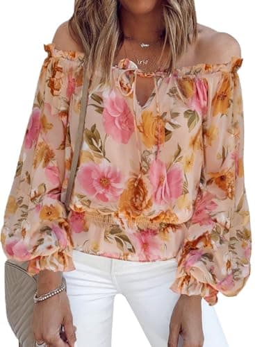 BLENCOT Women's Sexy Off The Shoulder Summer Blouse Tops 3/4 Ruffle Sleeve Floral Print T Shirts Pink 2XL - Image 1