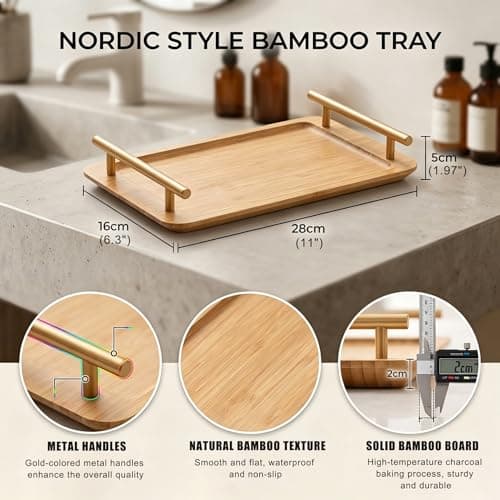 Bathroom Tray for Countertop Organizer,Bamboo Tray with Gold Handle,Vanity Tray Organizer,Multipurpose Organizer Rack for Lavatory, Restroom, and Bathroom Decoration(Original Color, 11"x6.3") - Thumbnail 6