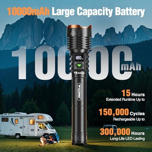 WdtPro Rechargeable LED Flashlights High Lumens, Super Bright 90000LM Rechargeable Flashlight with LCD Display, 5 Modes & Waterproof Powerful 10000mAh Handheld Flashlight for Camping Emergency - Thumbnail 3