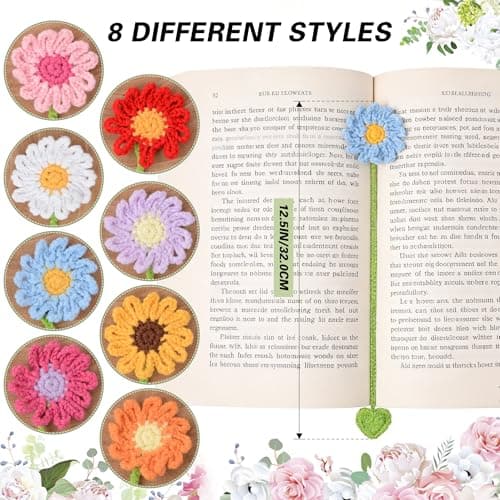 Yuboo 8 Pack Crochet Flower Bookmarks for Women, Daisy Flower Handmade Personalized Cute Funny Girly Birthday Book Marks for Reading, Gifts for Book Lovers Girls Teachers - Thumbnail 5