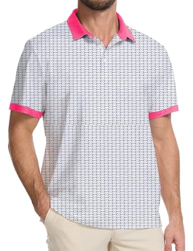 Actflare Golf Shirts for Men Dry Fit Moisture Wicking Short Sleeve Performance Print Polo Shirt Pink Collar,XL