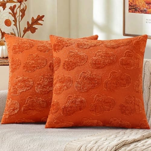 decorUhome Decorative Two Rust Pumpkins Thanksgiving Throw Pillow Covers 20x20 Set of 2, Soft Chenille Jacquard Farmhouse Textured Pillow Covers for Couch Bed Sofa Autumn Harvest Halloween Holiday - Image 1