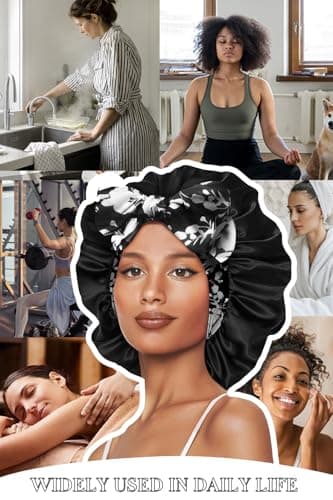 Vettres Hair Bonnet for Sleeping Satin Lined Sleep Cap Double Layer Silk Head Wrap for Curly Natural Hair Black Flower - Thumbnail 6