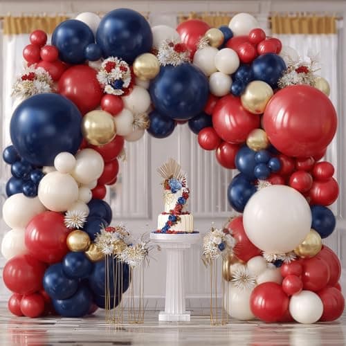 Red White and Blue Balloons Arch Kit - 124 PCs Double Stuffed Red Navy Blue Sand White Gold Latex Balloons for 4th of July Veterans Day Birthday Party Decorations - Image 1