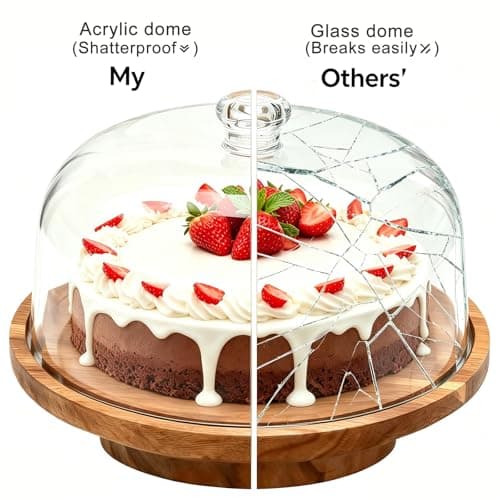 cutesun Cake Stand with Lid, 10.8'' Shatterproof Acrylic Dome (Not Glass), 11.8'' Rotating Acacia Wood Cake Display Stand for Wedding Birthday Party Dessert - Thumbnail 2